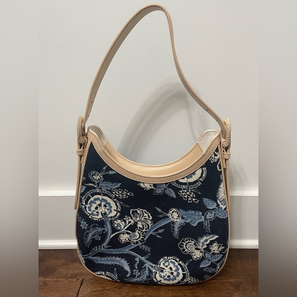 Spartina 449 Bella Hobo Oyster Factory Blue White Cream Linen Leather Hobo Bag - Picture 4 of 11